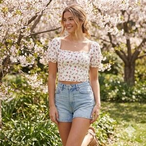 Abercrombie & Fitch Square Neck Puff Sleeve Top Cherry Print